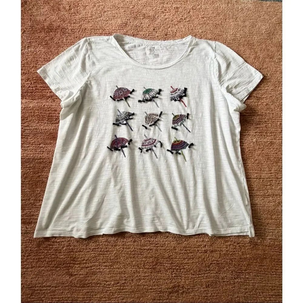Talbots 2X White Cotton Tee Embroidered Umbrella Short Sleeve Top